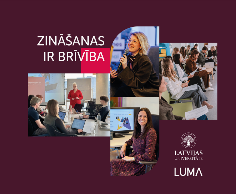 Kolāža ar LUMA pasākumu fotogrāfijām un tekstu "Zināšanas ir brīvība": lekcija, grupas foto, sieviete pie datora. Latvijas Universitātes un LUMA logotipi.
