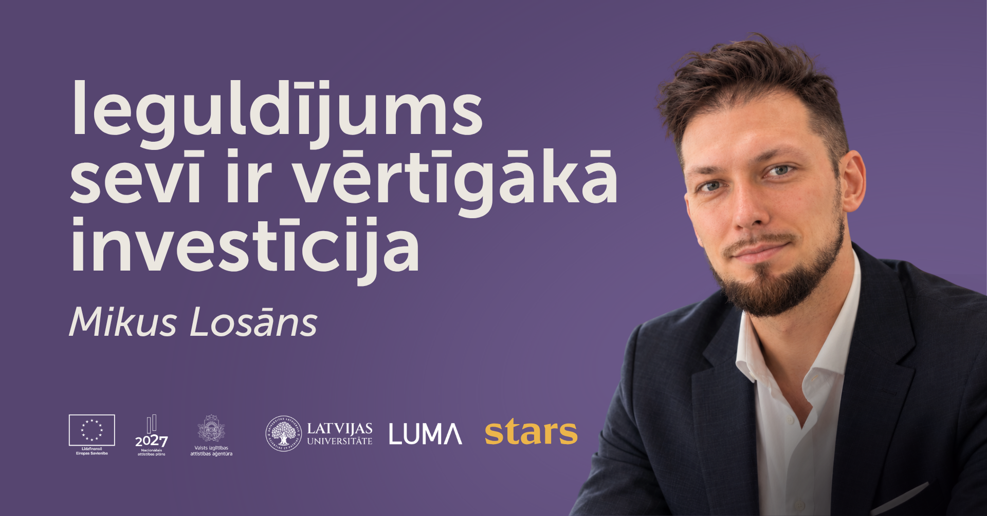Mikusa Losāna portretfoto uz lillā fona ar citātu un ar ES logo rindu