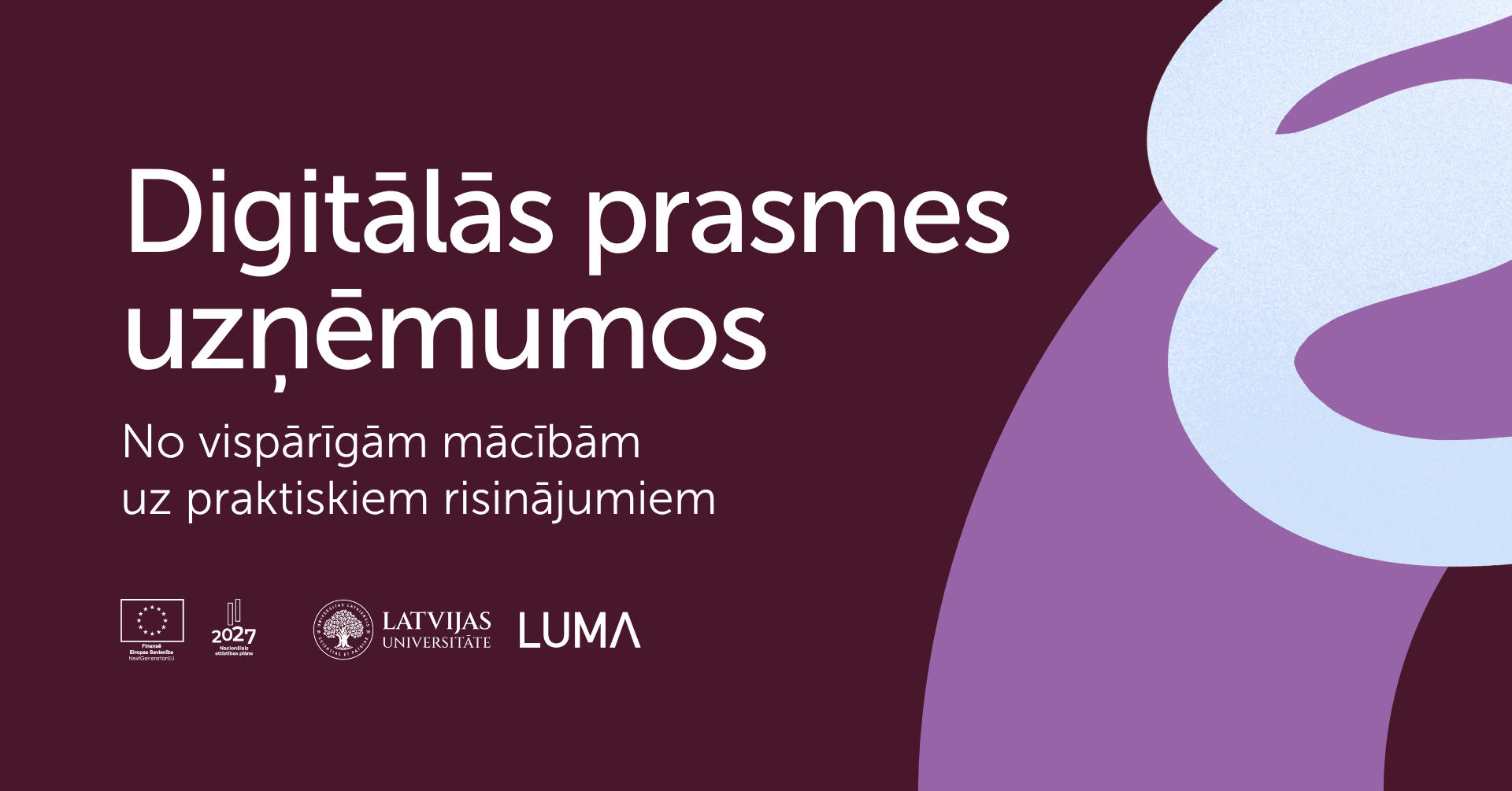 Raksta vizuālais noformējums ar tumši bordo fonu un violetiem dekoratīviem elementiem. Tekstā rakstīts: "Digitālās prasmes uzņēmumos – No vispārīgām mācībām uz praktiskiem risinājumiem". Apakšā redzami Eiropas Savienības, Nacionālā attīstības plāna 2027, Latvijas Universitātes un LUMA logotipi.