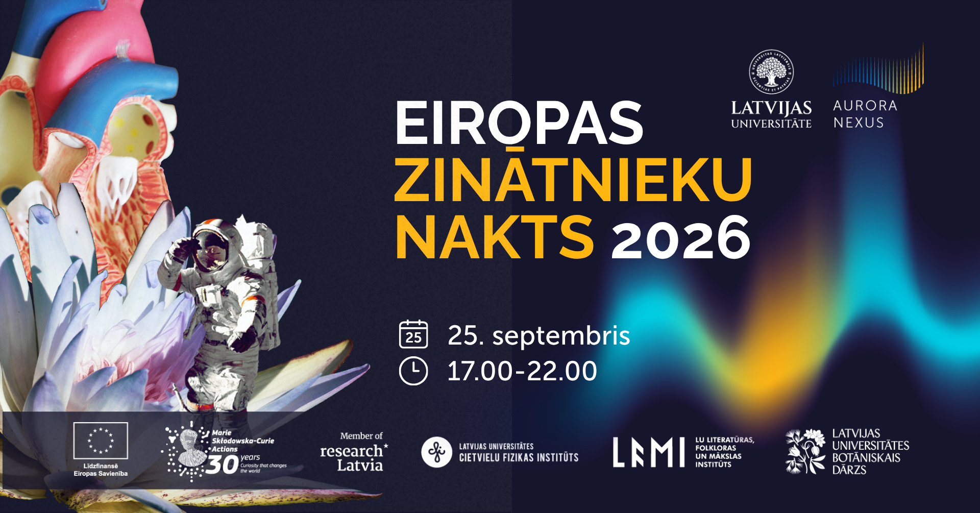 Eiropas Zinātnieku nakts 2026 banneris ar kolāžu no astronauta, zieda un sirds modeļa, LU un partneru logo.